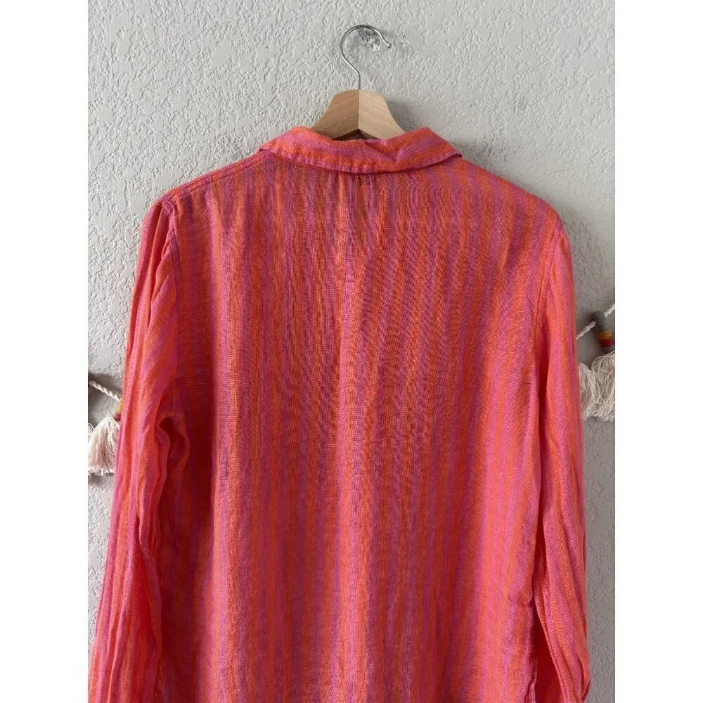Nicole Miller 100% Linen Pink Orange Striped Button Up Top Beachy Coastal Vacay
